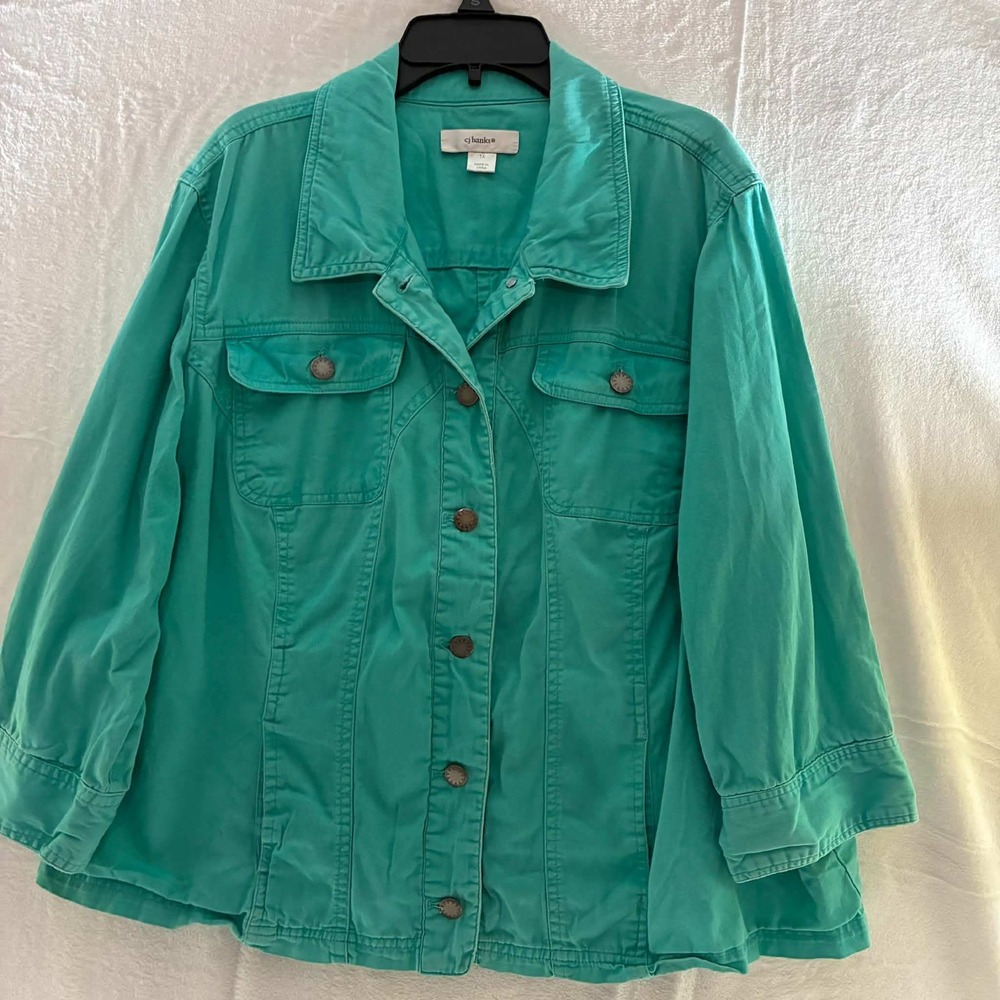 CJ Banks Utility Womens 1X Turquoise Cotton Stretch Utility Jacket 3/4 Sleeve